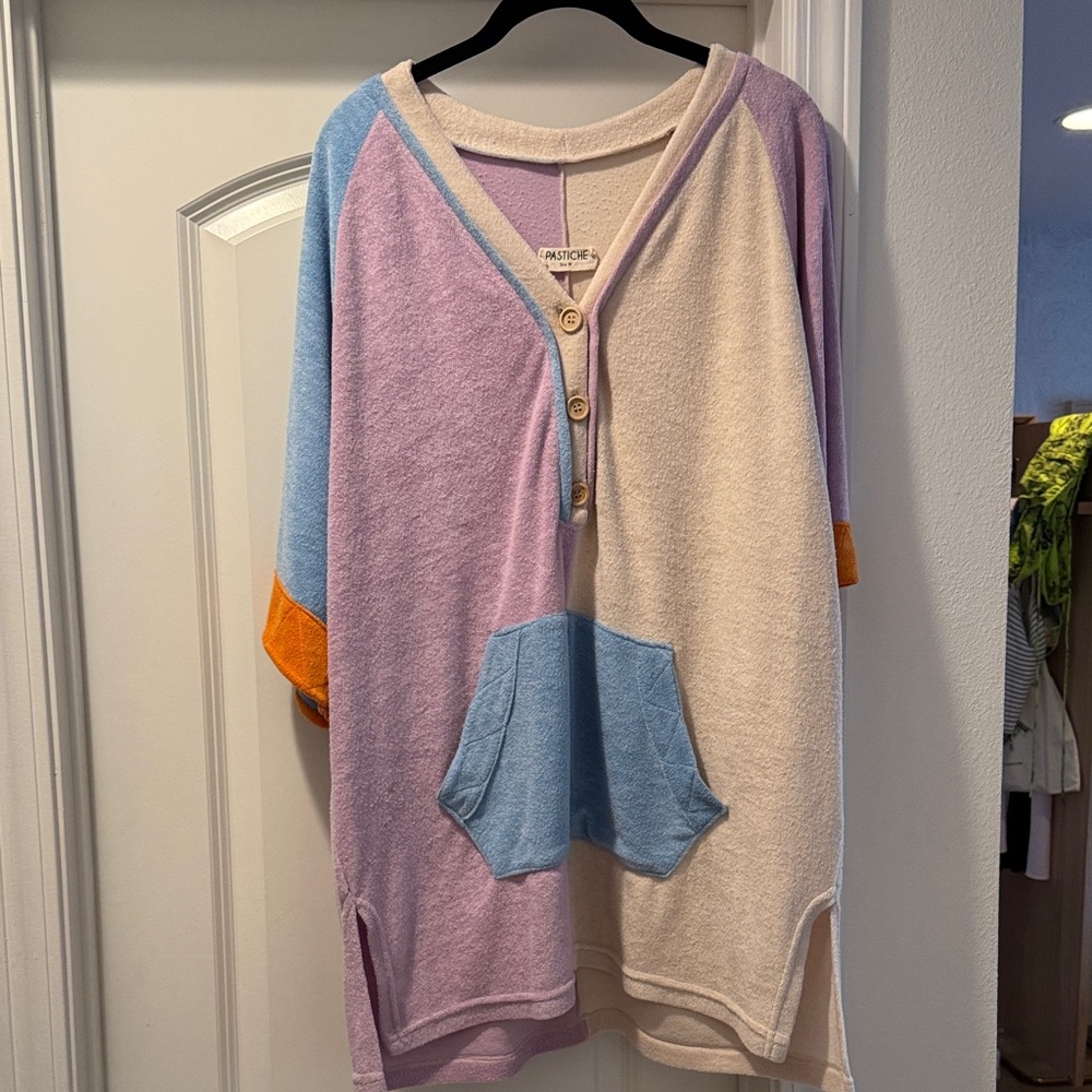 Pastiche TerryCloth Colorblock Hooded Poncho with Pocket